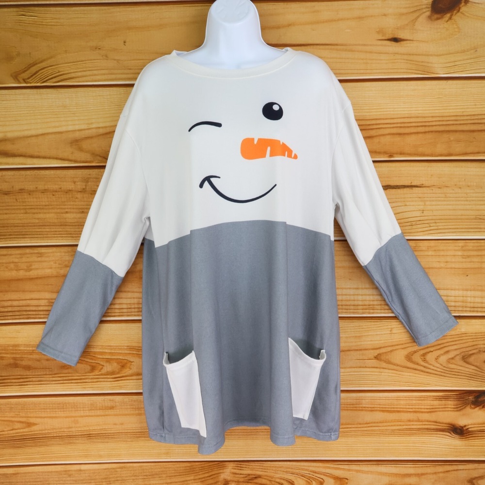 Oversized Sweatshirt Womens Size 1XL White‎ Gray Snowman Pockets Stretch Comfort